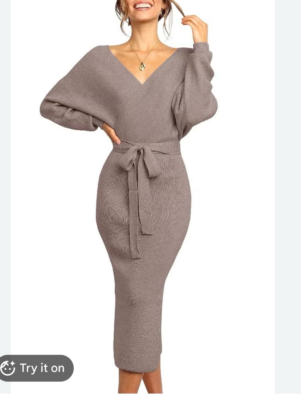 Knit V-Neck Belted Midi Dress in Taupe